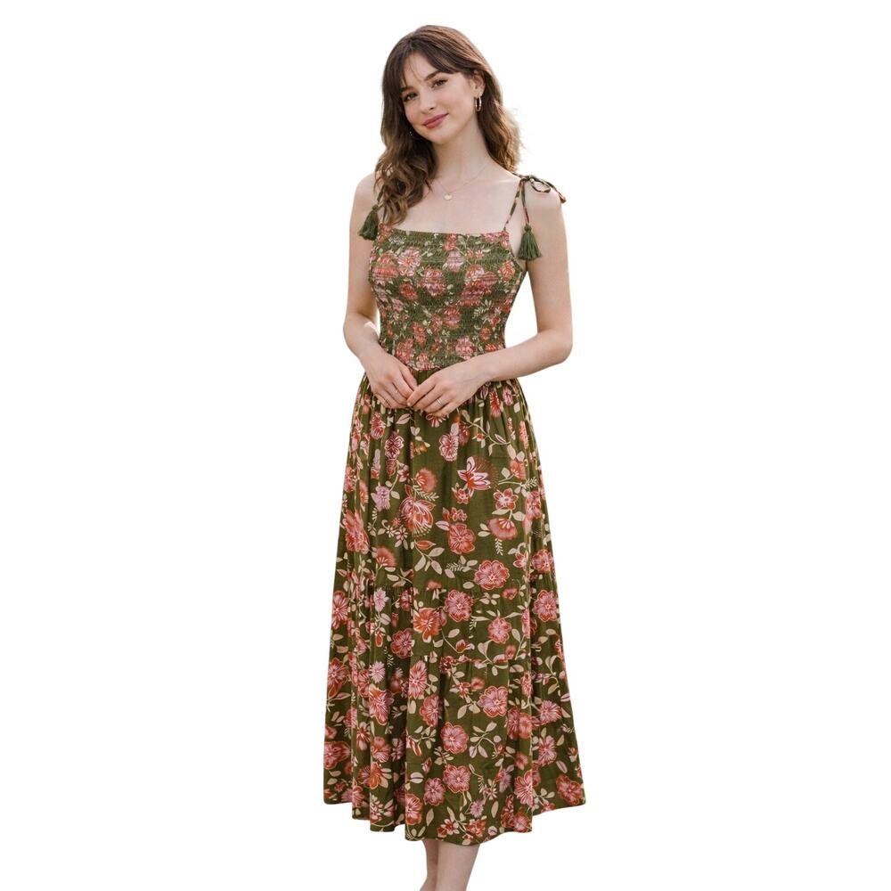 Patrons of Peace Colorful Boho‎ Floral Smocked Maxi Dress XS Beachy Festival